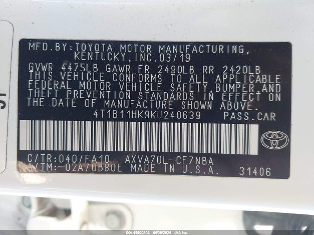 4T1B11HK9KU240639 Toyota CAMRY LE