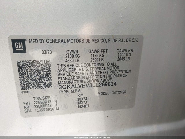 45500806 :رقم المزاد ، 3GKALVEV3LL269814 vin ، 2020 Gmc Terrain Awd Slt مزاد بيع