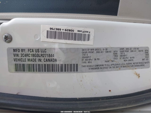 Продаж на аукціоні авто 2020 Chrysler Pacifica Touring L, vin: 2C4RC1BG0LR271844, номер лоту: 45500808