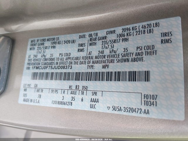 1FMCU0F75JUD08373 Ford ESCAPE S