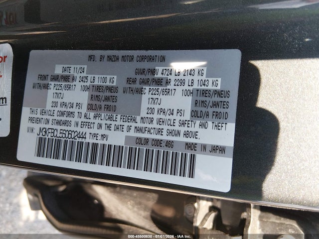 45500830 :رقم المزاد ، JM3KFBCL5S0602444 vin ، 2025 Mazda Cx-5 2.5 S Preferred مزاد بيع