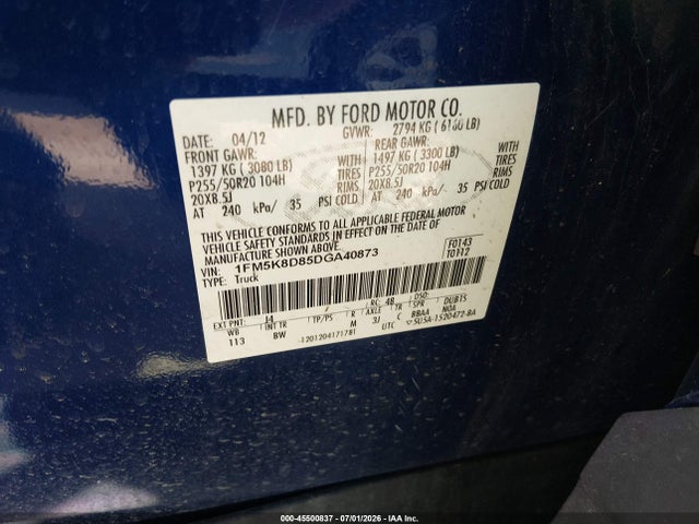 Продаж на аукціоні авто 2013 Ford Explorer Xlt, vin: 1FM5K8D85DGA40873, номер лоту: 45500837
