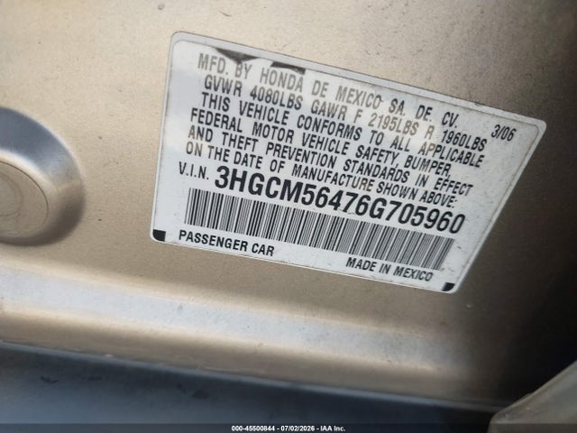 Продажа на аукционе авто 2006 Honda Accord 2.4 Lx, vin: 3HGCM56476G705960, номер лота: 45500844