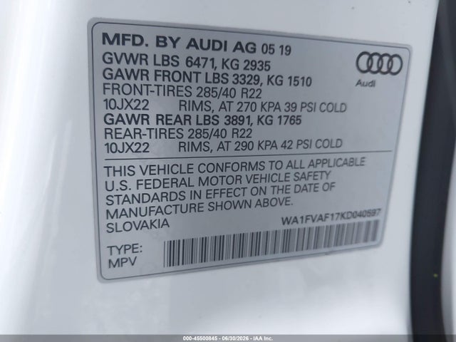 2019 Audi Q8 55 Premium მანქანა იყიდება აუქციონზე, vin: WA1FVAF17KD040597, აუქციონის ნომერი: 45500845