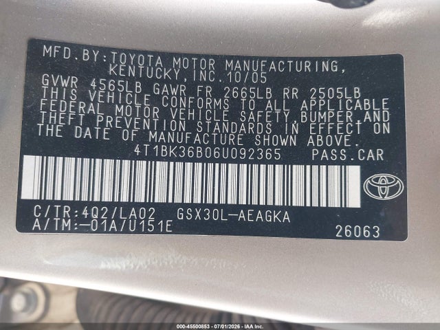 Продаж на аукціоні авто 2006 Toyota Avalon Xls, vin: 4T1BK36B06U092365, номер лоту: 45500853