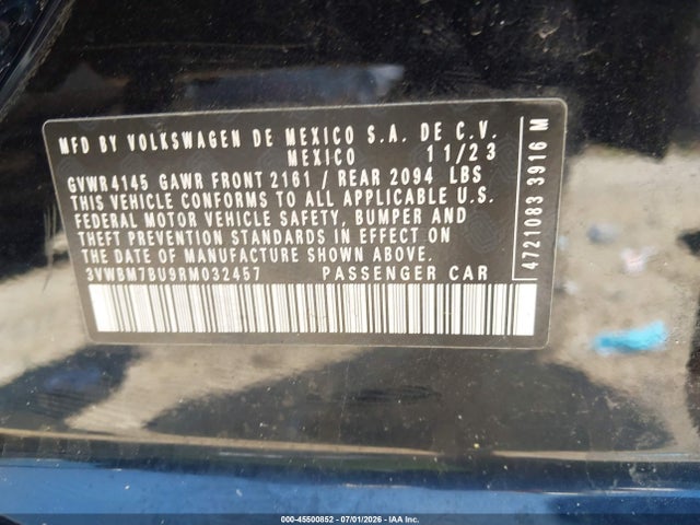 2024 Volkswagen Jetta 1.5t Sport მანქანა იყიდება აუქციონზე, vin: 3VWBM7BU9RM032457, აუქციონის ნომერი: 45500852