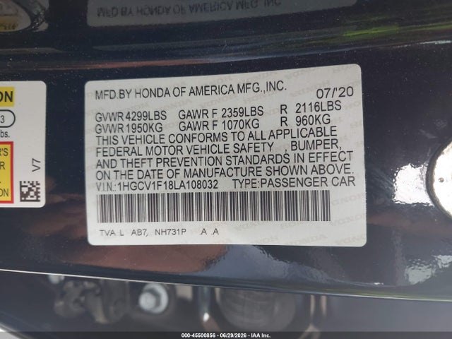Продаж на аукціоні авто 2020 Honda Accord Lx, vin: 1HGCV1F18LA108032, номер лоту: 45500856