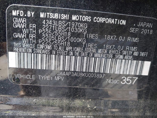 2019 Mitsubishi Outlander Sport 2.0 Es მანქანა იყიდება აუქციონზე, vin: JA4AP3AU8KU003897, აუქციონის ნომერი: 45500861