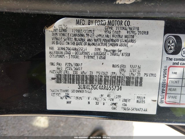 Aukcja sprzedaży 2010 Lincoln Mkz, vin: 3LNHL2GC4AR655734, numer aukcji: 45500867