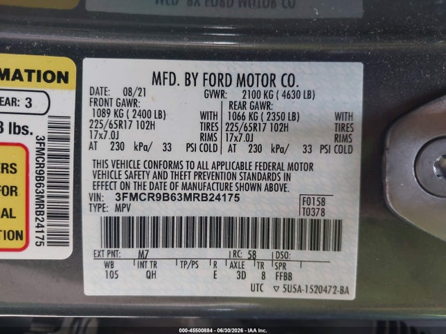 Продаж на аукціоні авто 2021 Ford Bronco Sport Big Bend, vin: 3FMCR9B63MRB24175, номер лоту: 45500884