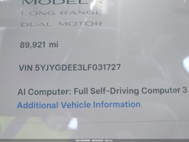 Продаж на аукціоні авто 2020 Tesla Model Y Long Range Dual Motor All-wheel Drive, vin: 5YJYGDEE3LF031727, номер лоту: 45500906