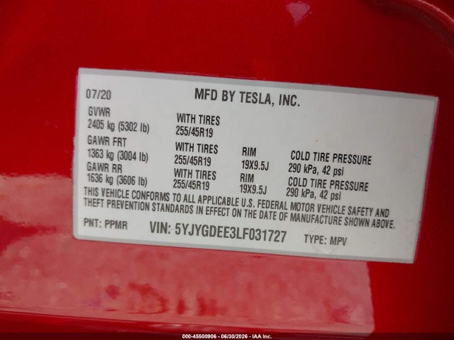 Продаж на аукціоні авто 2020 Tesla Model Y Long Range Dual Motor All-wheel Drive, vin: 5YJYGDEE3LF031727, номер лоту: 45500906