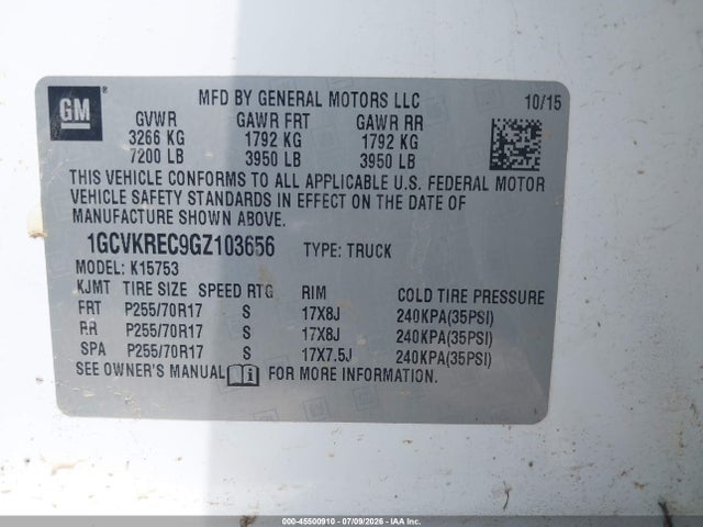 2016 Chevrolet Silverado 1500 Lt მანქანა იყიდება აუქციონზე, vin: 1GCVKREC9GZ103656, აუქციონის ნომერი: 45500910