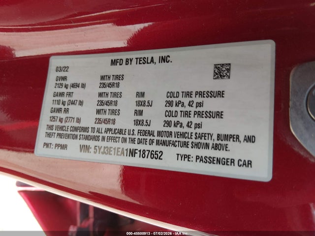 Tesla Model 3 Rear-wheel Drive 2022 5YJ3E1EA1NF187652 Image 9