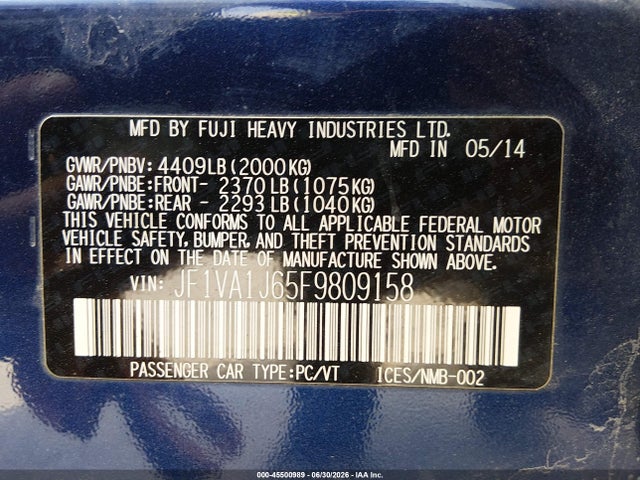 2015 Subaru Wrx Limited მანქანა იყიდება აუქციონზე, vin: JF1VA1J65F9809158, აუქციონის ნომერი: 45500989