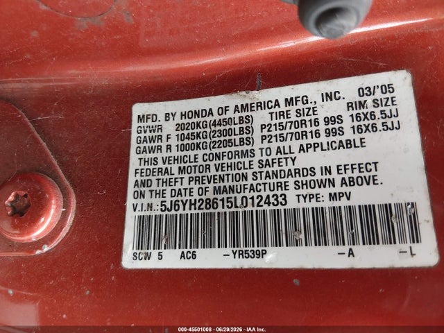 Aukcja sprzedaży 2005 Honda Element Ex, vin: 5J6YH28615L012433, numer aukcji: 45501008