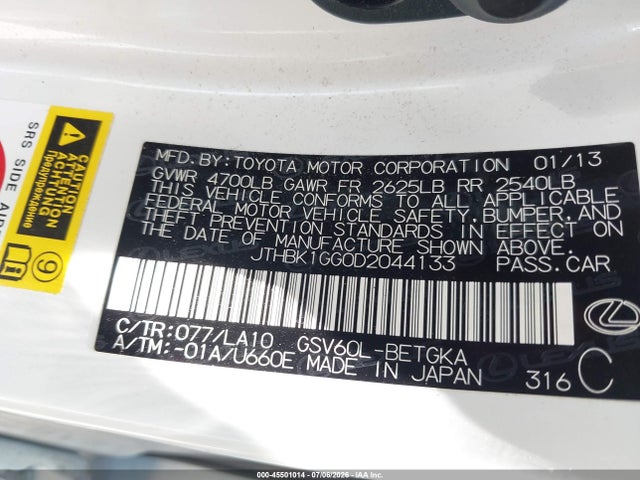 45501014 :رقم المزاد ، JTHBK1GG0D2044133 vin ، 2013 Lexus Es 350 مزاد بيع