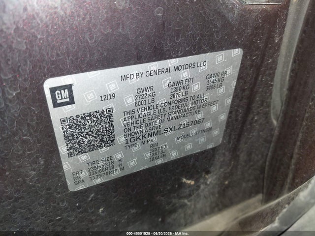Aukcja sprzedaży 2020 Gmc Acadia Fwd Slt, vin: 1GKKNMLSXLZ157067, numer aukcji: 45501025