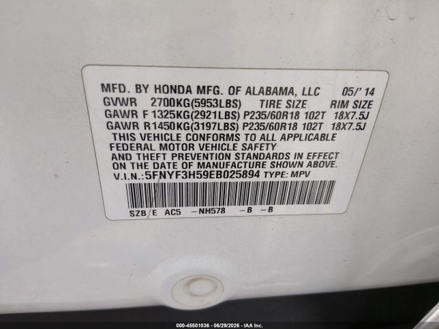 Honda Pilot Ex-l 2014 5FNYF3H59EB025894 Image 9