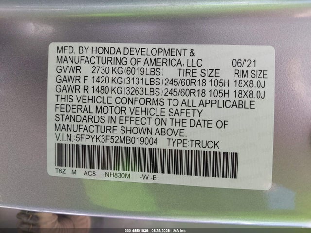 Honda Ridgeline Awd Rtl 2021 5FPYK3F52MB019004 Image 9