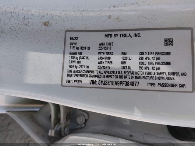 45501041 :رقم المزاد ، 5YJ3E1EA9PF384877 vin ، 2023 Tesla Model 3 Rear-wheel Drive مزاد بيع