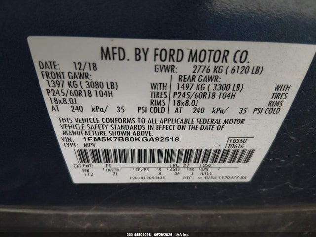 Продажа на аукционе авто 2019 Ford Explorer, vin: 1FM5K7B80KGA92518, номер лота: 45501096