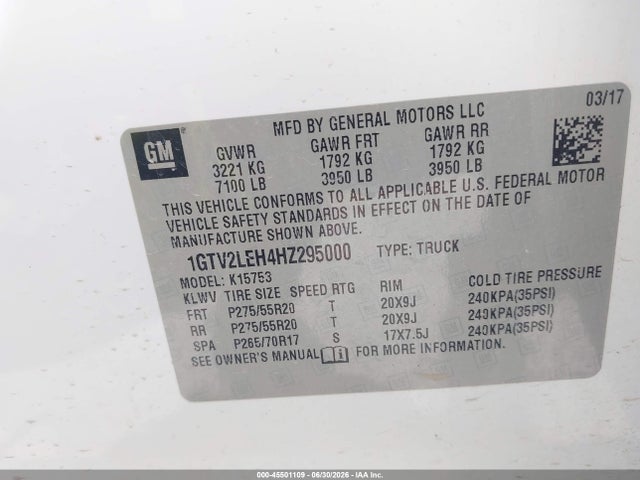 45501109 :رقم المزاد ، 1GTV2LEH4HZ295000 vin ، 2017 Gmc Sierra 1500 مزاد بيع