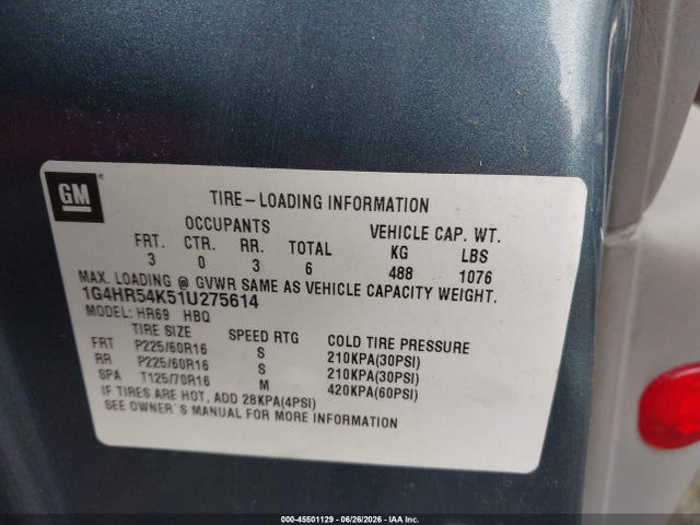 45501129 :رقم المزاد ، 1G4HR54K51U275614 vin ، 2001 Buick Lesabre Limited مزاد بيع