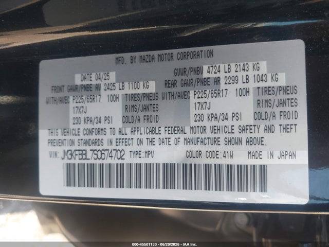 Aukcja sprzedaży 2025 Mazda Cx-5 2.5 S Select, vin: JM3KFBBL7S0674702, numer aukcji: 45501130