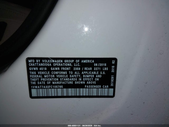 Продаж на аукціоні авто 2015 Volkswagen Passat 1.8t Limited Edition, vin: 1VWAT7A32FC105785, номер лоту: 45501131