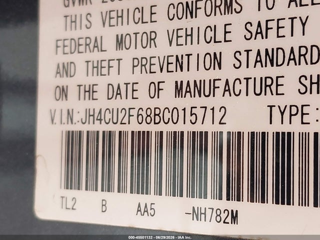 45501132 :رقم المزاد ، JH4CU2F68BC015712 vin ، 2011 Acura Tsx 2.4 مزاد بيع
