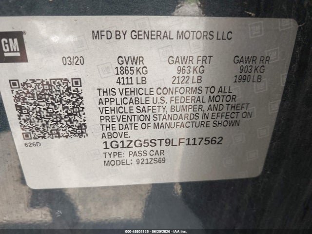 Продажа на аукционе авто 2020 Chevrolet Malibu Fwd Rs, vin: 1G1ZG5ST9LF117562, номер лота: 45501135
