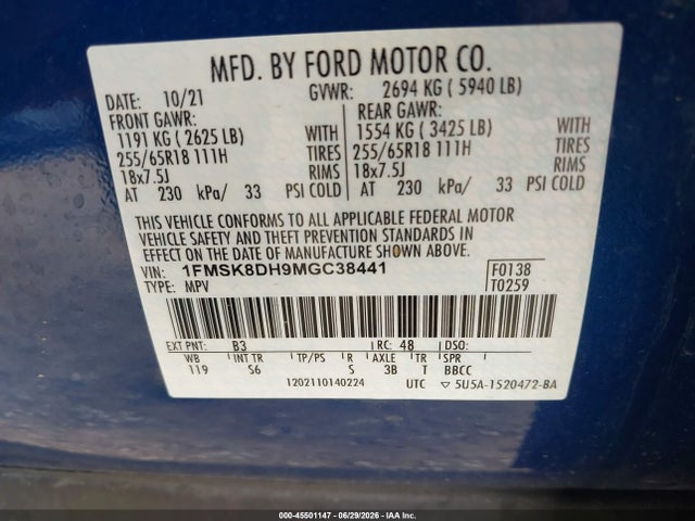 Продажа на аукционе авто 2021 Ford Explorer Xlt, vin: 1FMSK8DH9MGC38441, номер лота: 45501147