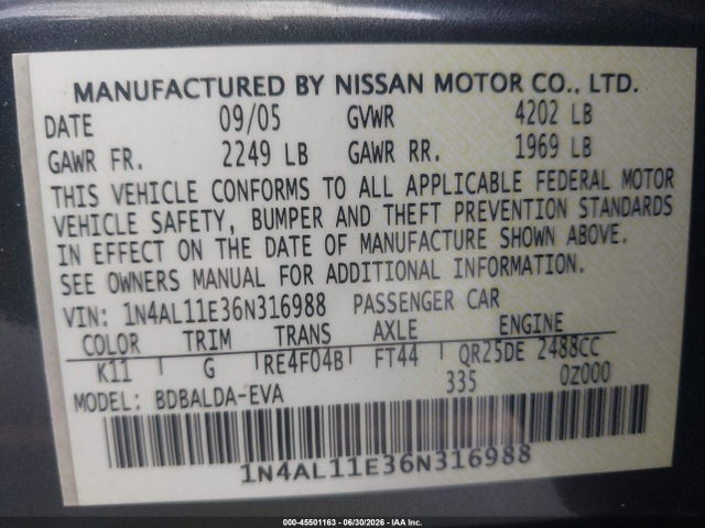 2006 Nissan Altima 2.5 S მანქანა იყიდება აუქციონზე, vin: 1N4AL11E36N316988, აუქციონის ნომერი: 45501163