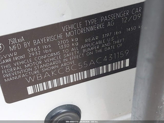 Продаж на аукціоні авто 2010 Bmw 750li Xdrive, vin: WBAKC8C55AC431159, номер лоту: 45501173