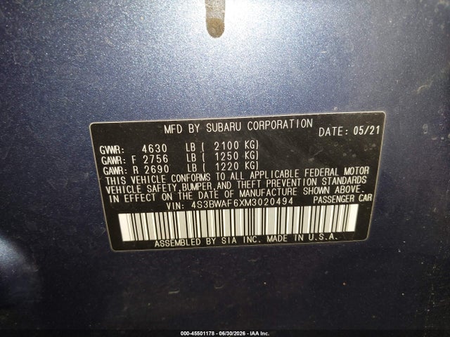 Продажа на аукционе авто 2021 Subaru Legacy Premium, vin: 4S3BWAF6XM3020494, номер лота: 45501178