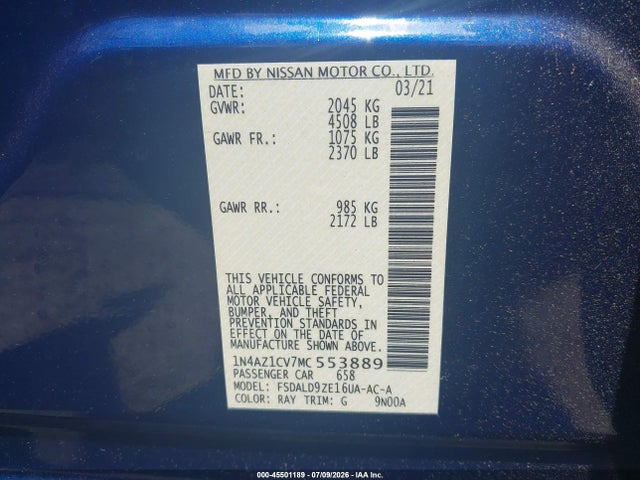 2021 Nissan Leaf Sv 40 Kwh მანქანა იყიდება აუქციონზე, vin: 1N4AZ1CV7MC553889, აუქციონის ნომერი: 45501189