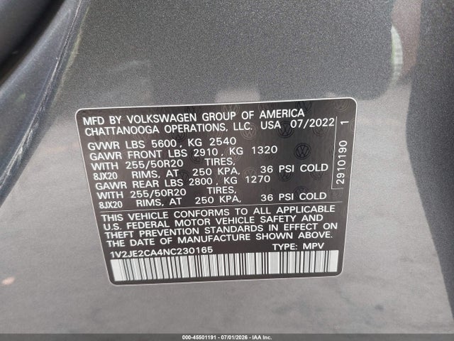 Продажа на аукционе авто 2022 Volkswagen Atlas Cross Sport 3.6l V6 Se W/technology, vin: 1V2JE2CA4NC230165, номер лота: 45501191