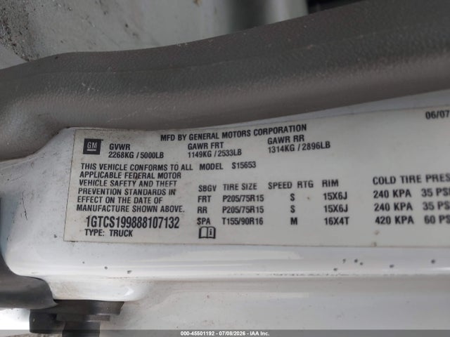 Aukcja sprzedaży 2008 Gmc Canyon Yc1, vin: 1GTCS199888107132, numer aukcji: 45501192