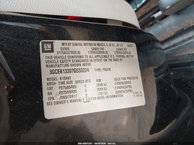 Продаж на аукціоні авто 2007 Chevrolet Silverado 1500 Ltz, vin: 3GCEK13397G533224, номер лоту: 45501201