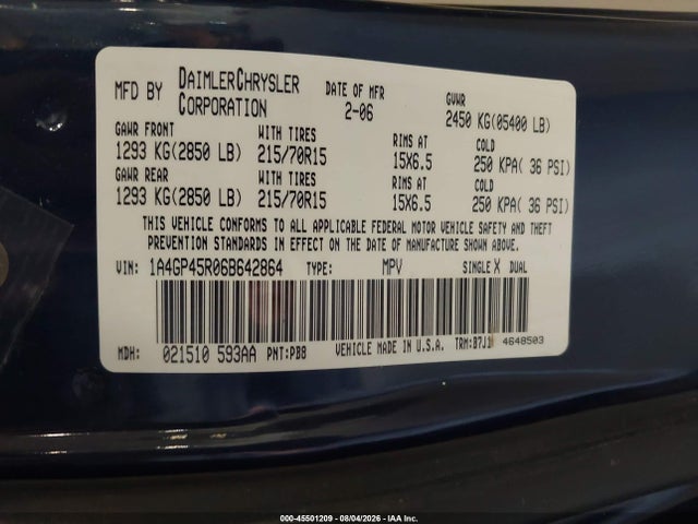 Aukcja sprzedaży 2006 Chrysler Town & Country, vin: 1A4GP45R06B642864, numer aukcji: 45501209