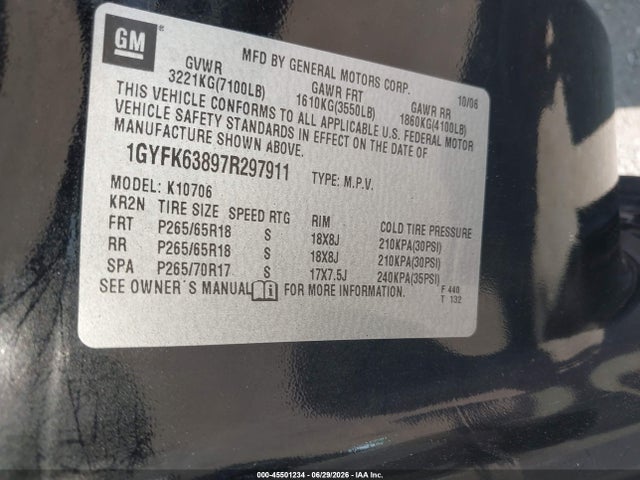2007 Cadillac Escalade მანქანა იყიდება აუქციონზე, vin: 1GYFK63897R297911, აუქციონის ნომერი: 45501234