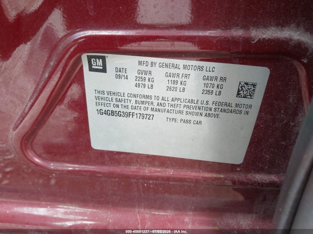 Продажа на аукционе авто 2015 Buick Lacrosse Leather, vin: 1G4GB5G39FF179727, номер лота: 45501237