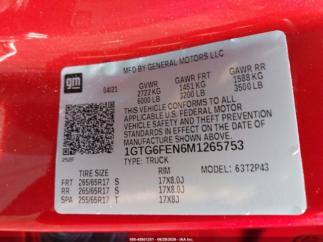 2021 Gmc Canyon 4wd  Short Box At4 - Leather მანქანა იყიდება აუქციონზე, vin: 1GTG6FEN6M1265753, აუქციონის ნომერი: 45501251