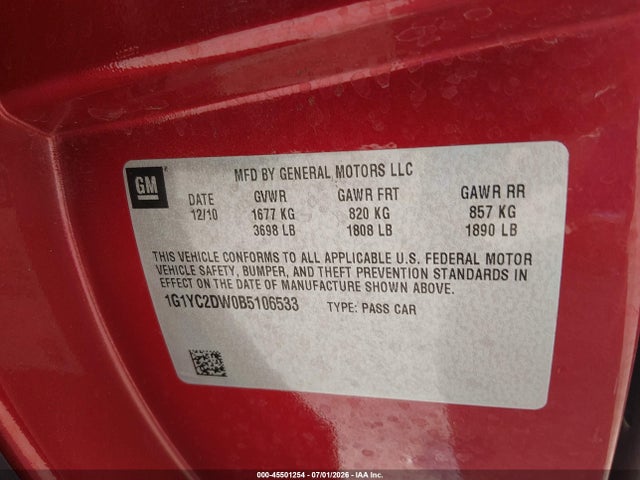 Продажа на аукционе авто 2011 Chevrolet Corvette, vin: 1G1YC2DW0B5106533, номер лота: 45501254