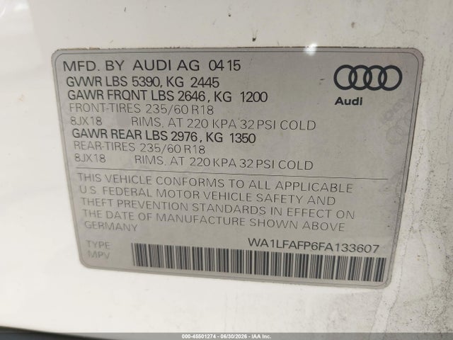 Продаж на аукціоні авто 2015 Audi Q5 2.0t Premium, vin: WA1LFAFP6FA133607, номер лоту: 45501274