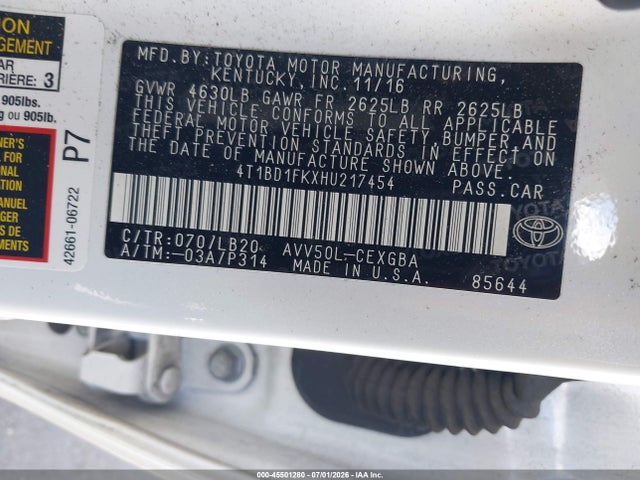 4T1BD1FKXHU217454 Toyota Camry Hybrid Xle