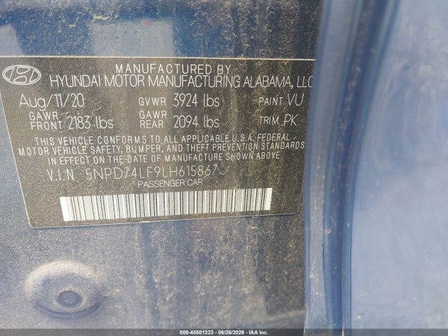 Продажа на аукционе авто 2020 Hyundai Elantra Se, vin: 5NPD74LF9LH615867, номер лота: 45501323