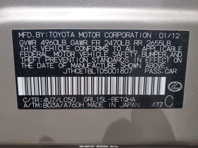 Aukcja sprzedaży 2013 Lexus Gs 350, vin: JTHCE1BL1D5001807, numer aukcji: 45501337