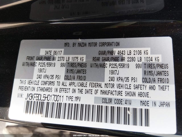 45501367 :رقم المزاد ، JM3KFBDL5H0170011 vin ، 2017 Mazda Cx-5 Grand Touring مزاد بيع